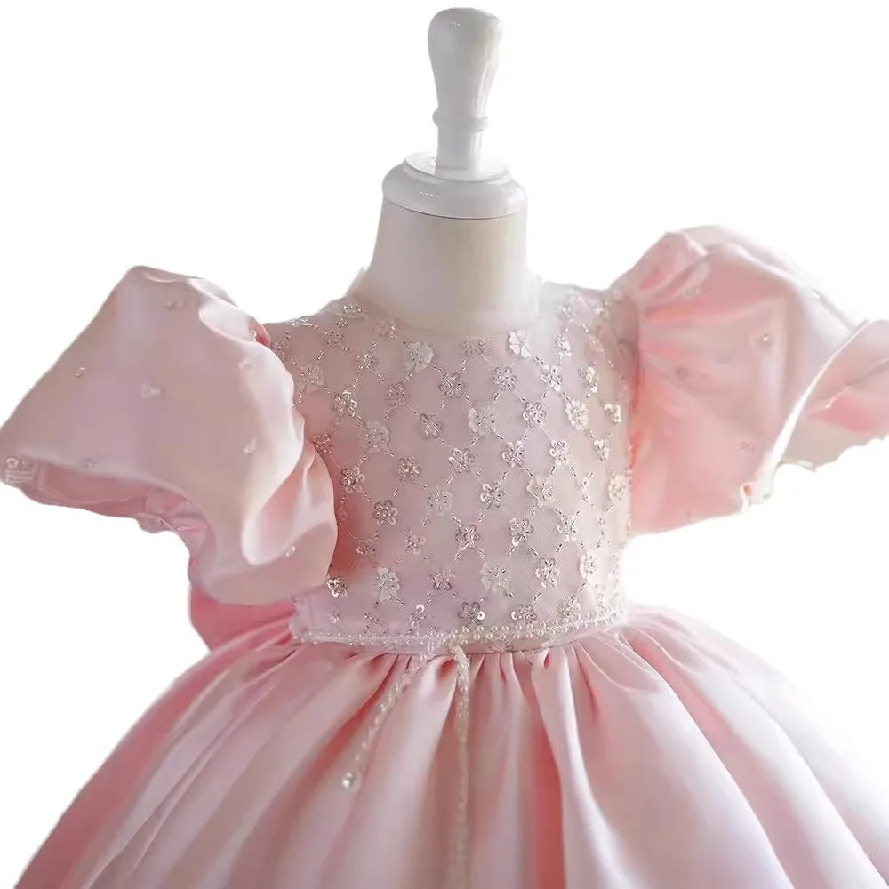 Maxy Princess Satin Beading Short Sleeve Flower Girl Dress Children First Communion Dress Ball Gown Wedding Party Dress Birthday Show