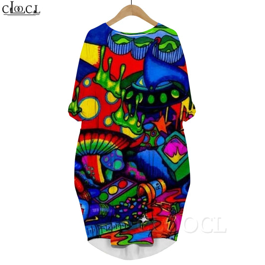 Macy Long Sleeves Dress Abstract Butterfly Graphics 3D Printed Party Dress with Pocket Mid-length Dress Oversized