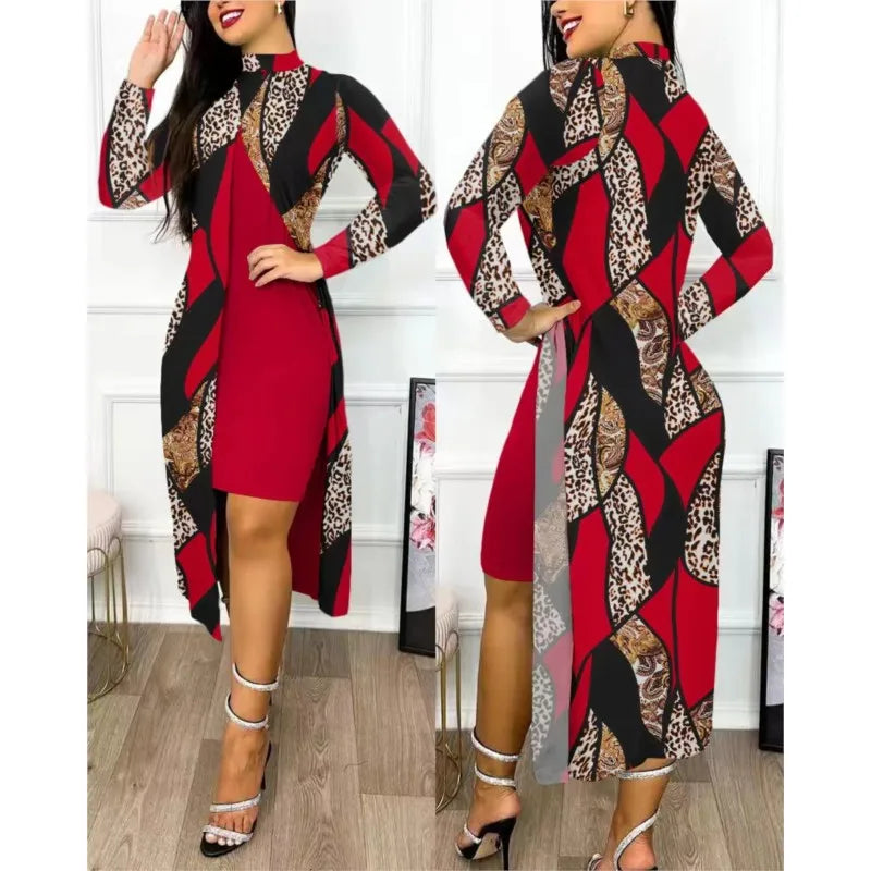 Maxy Two Piece Set Women Print Dresses Sets Full Sleeve Half High Collar Split Cardigan Dress Suits Elegant A Line Office Lady