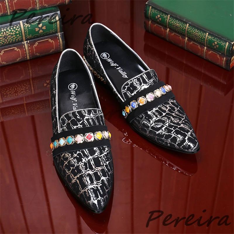 Visco Genuine Leather Snake Patterned Men Shoes Fashion Rhinestone Strap Metal Decor Loafers Pointy Toe Med Heel Casual Business Shoes