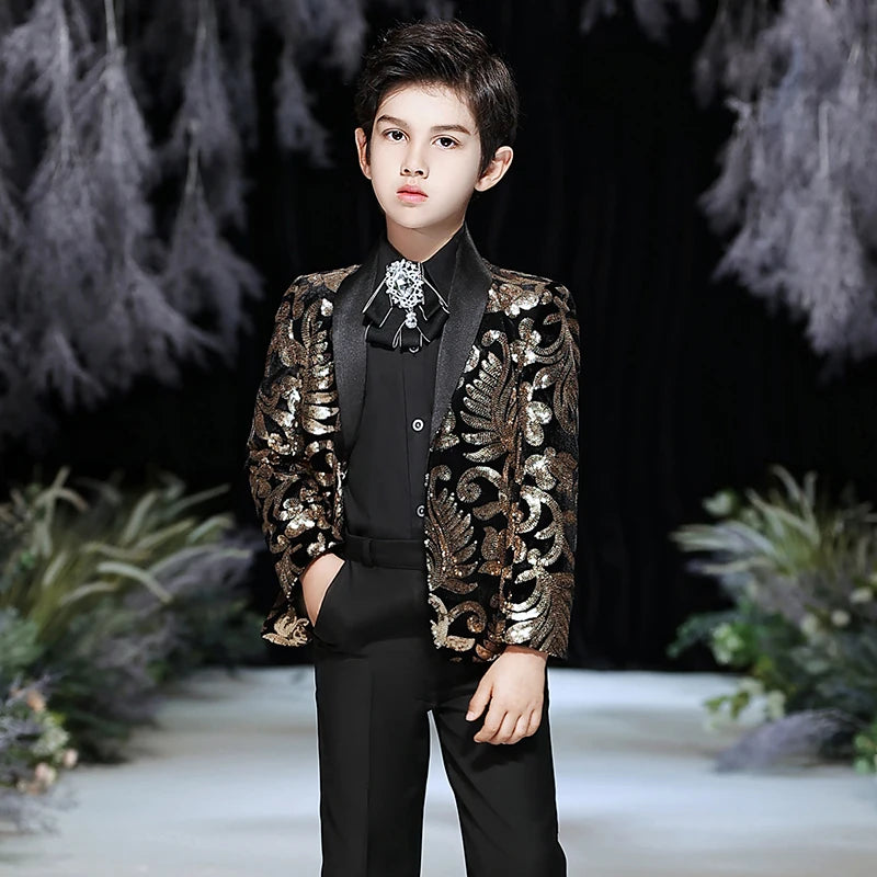 Visco Shiny Sequins Formal Flower Boys Wedding Suit Children Evening Dress Host Party Piano Performance Pageant Dresses Teen Clothing