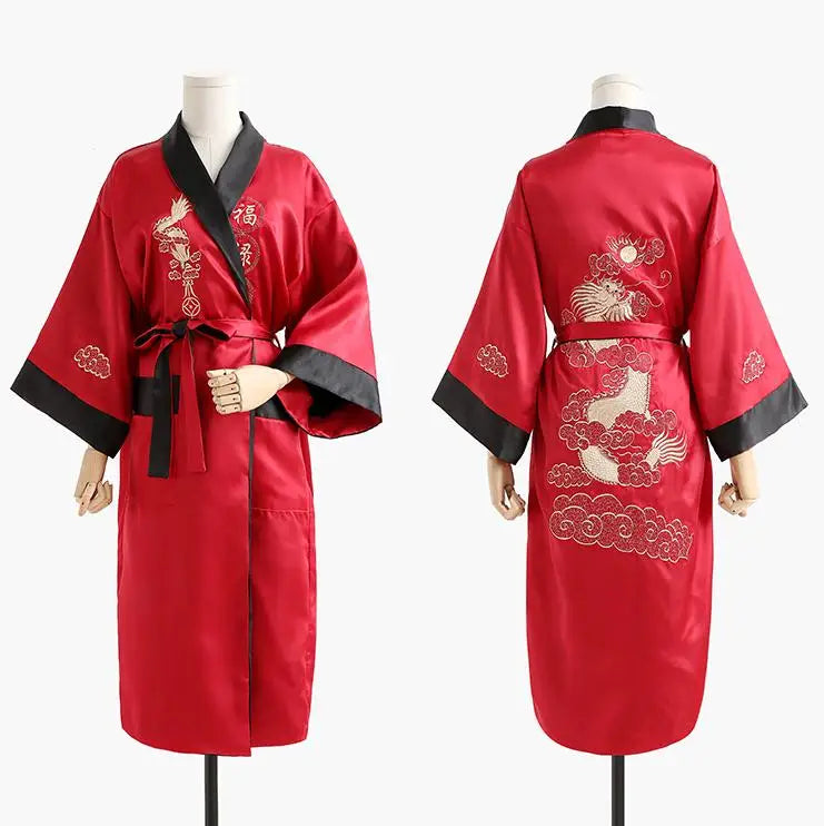 Maxy Novelty Reversible Black Red Women Kimono Yukata Satin Embroidery Dragon Nightgown One Size Robe Gown Two Side Sleepwear