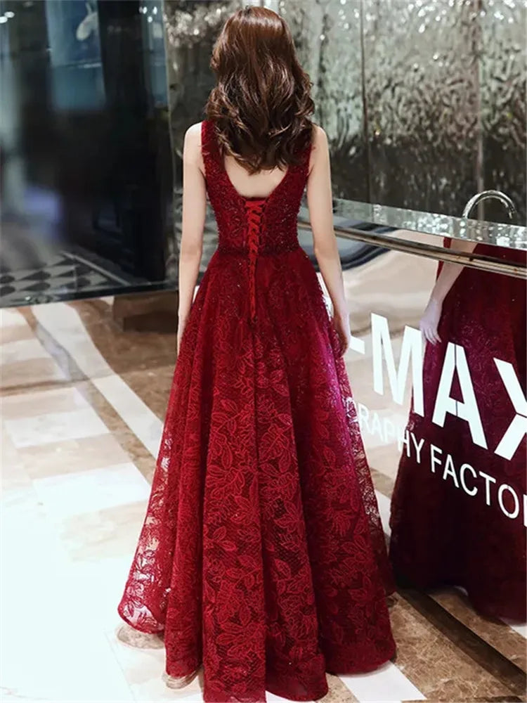 Maxy Wine Red Dress Solid Color Sequin V-neck Long A-line Skirt Elegant Evening Gown M047