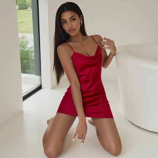 Women's Satin Slip Dress Sexy Backless Spaghetti Strap Nightgown Loungewear Sexy Solid Color Mini Dress Night Club Robes Female