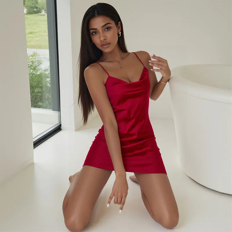 Maxy Women's Satin Slip Dress Sexy Backless Spaghetti Strap Nightgown Loungewear Sexy Solid Color Mini Dress Night Club Robes Female