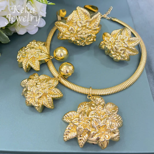 Maxy Italy Flower Shape Jewelry Set for Women 18K Gold Plated Necklace Ring Bracelet Earring Luxury Party Wedding Jewelry Gifts