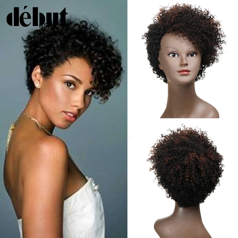 Maxy Debut Short Bob Wigs Cheap Kinky Curly Wigs for Black Women Brazilian Human Hair Wig Ombre Brown Color Remy Hair Extensions