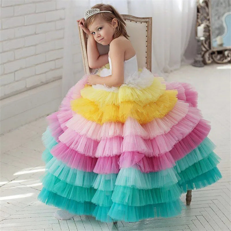 Maxy Baby Girl Princess Rainbow Layered Tutu Dress Infant Toddler Tulle Patchwork Vestido Evening Party Pageant Birthday  1-12Y