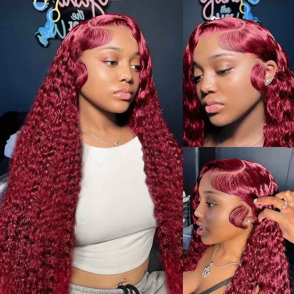 Maxy 46 Inch Deep Wave High Density 99j Burgundy 13x6 Lace Frontal Human Hair Curly Wig Red Colored 13x4 HD Lace Front Wig For Women