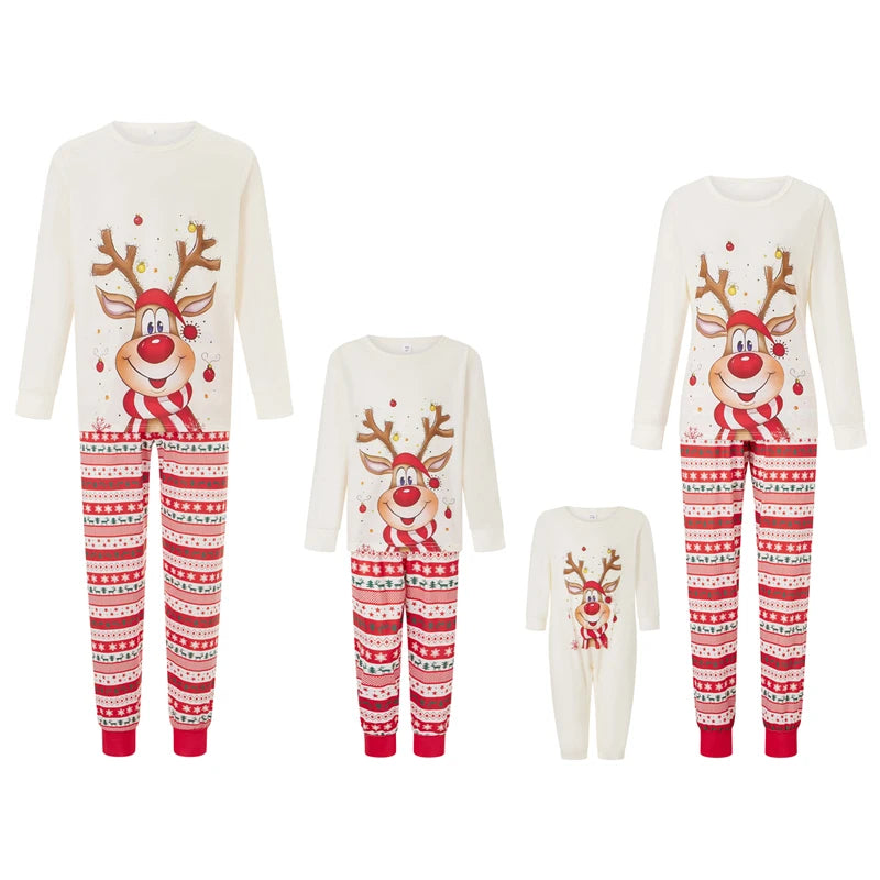 Maxy Christmas Family Matching Pajama Set Print Long Sleeve Round Neck Tops/Romper Striped Trousers