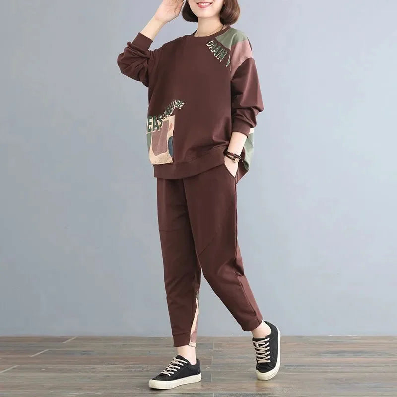 Amay Women's Leisure Sports Suit Summer New Korean Fashion Printing Loose Crop Tops Pants 2 Two Piece Sets for Women Tracksuit