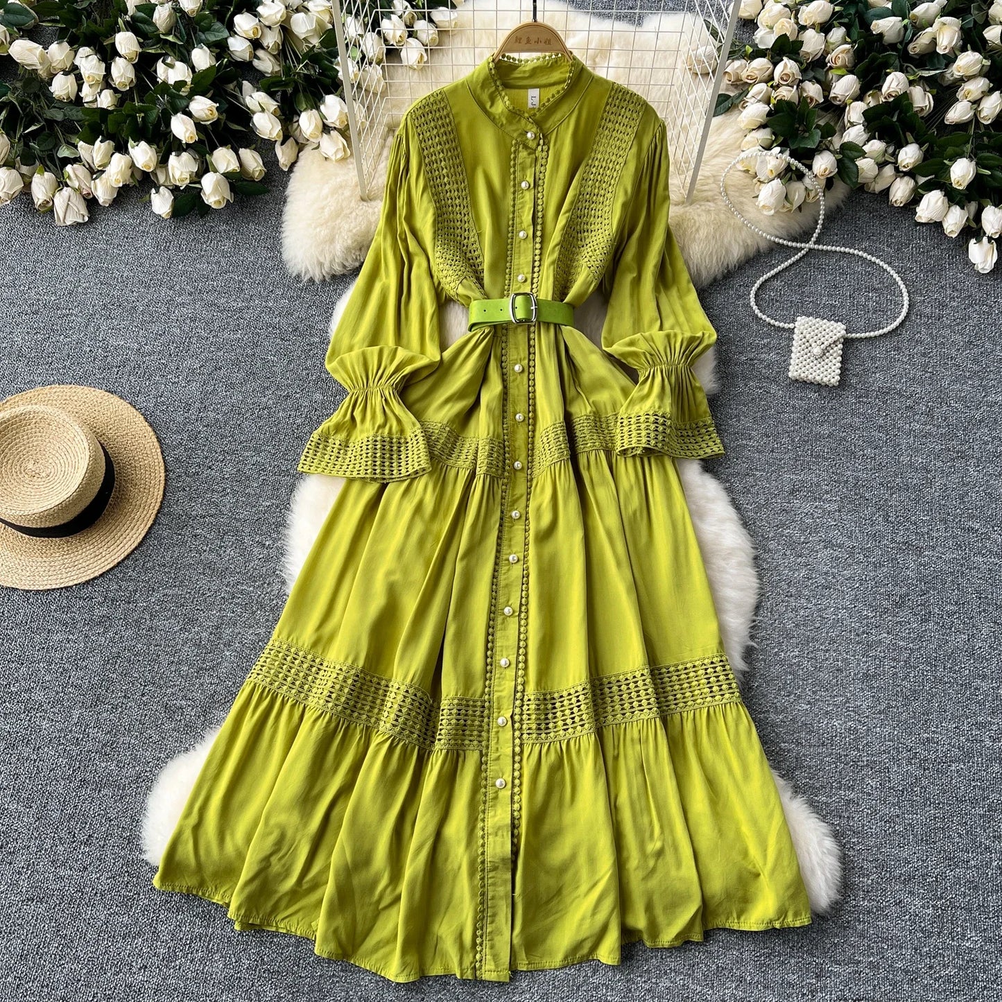Maxy Retro Elegant Summer Stand Collar Flare Sleeve Single Breasted Lace Spliced Dress A-line French Evening Party Women Dresses