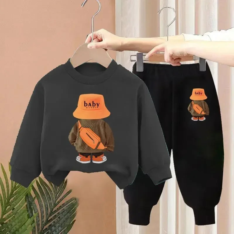 Maxy Autumn Baby Girl Boy Clothes Set Children Sports Cartoon Bear Sweatshirt Top and Pants Two Piece Suit 3-12 Years Kids Tracksuit