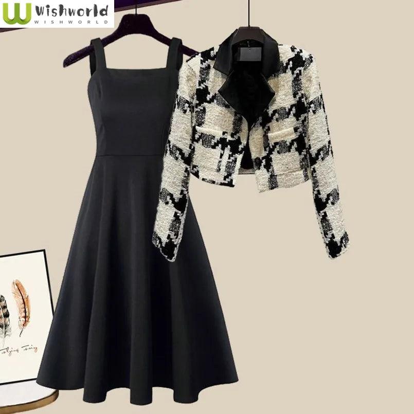 Maxy Fashionable Women's Set Spring and Autumn New Korean Edition High End Short Coat Age Reducing Dress Two Piece Set