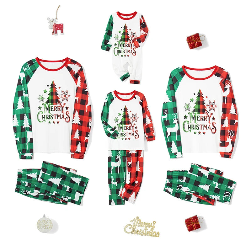 Maxy Family Loungewear Pjs Matching Set Christmas Tree Letter Print Long Sleeve Tops Elastic Waist Plaid Pants Sleepwear