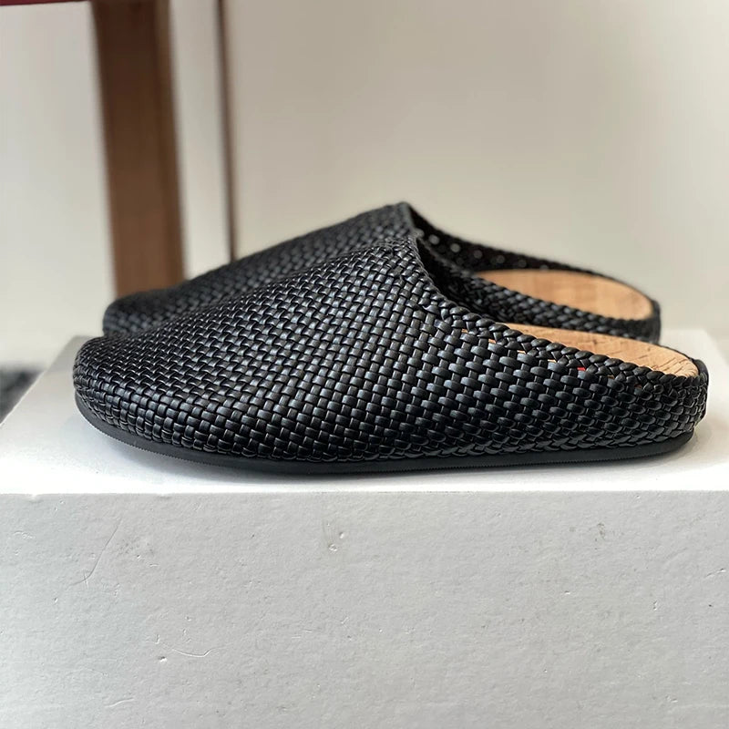 Maxy Genuine Leather Weaving Design Half Slippers Women Closed Toe Fashion Flat Bottom Slippers Spring Autumn Outdoor Versatile Mules