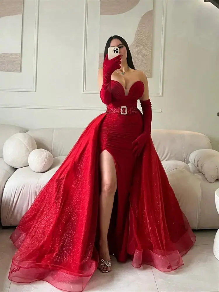 Amay Luxury Wine Red Evening Dresses Wedding Reception With Gloves Formal Occasion Party Gowns With Detachable Train Customized 