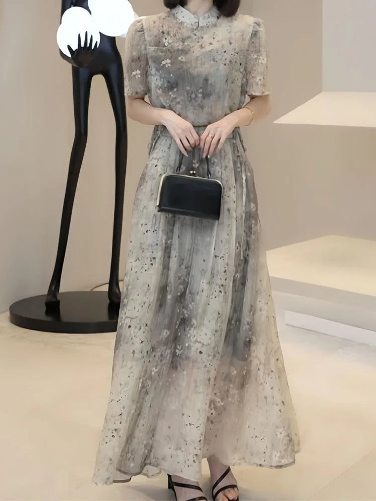 Amay Printed skirt women's summer Chinese high-quality national style printed top niche design temperament two-piece suit