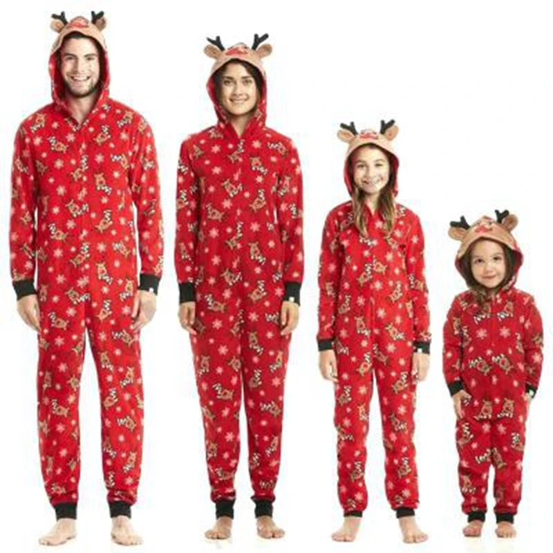 Christmas Gift for Family Pajamas Cute Deer Ear Hooded Jumpsuit Mother Father Kids Baby Matching Outfit Rompers Xmas Family Look