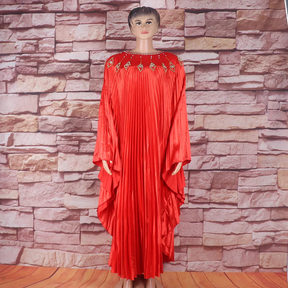 Maxy Women Pleated Diamonds Loose Maxy Evening Dress Djellaba Boubou Robe African Ankara Dashiki Dubai Turkey Abaya Kaftan Party Gown