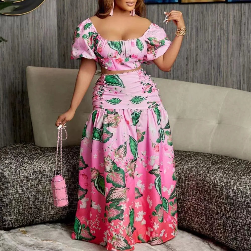 Maxy Summer Women's Suit Fashion Casual Short Top And Comfortable Long Skirt Sets Print Femininity Commuter Two-Piece Set