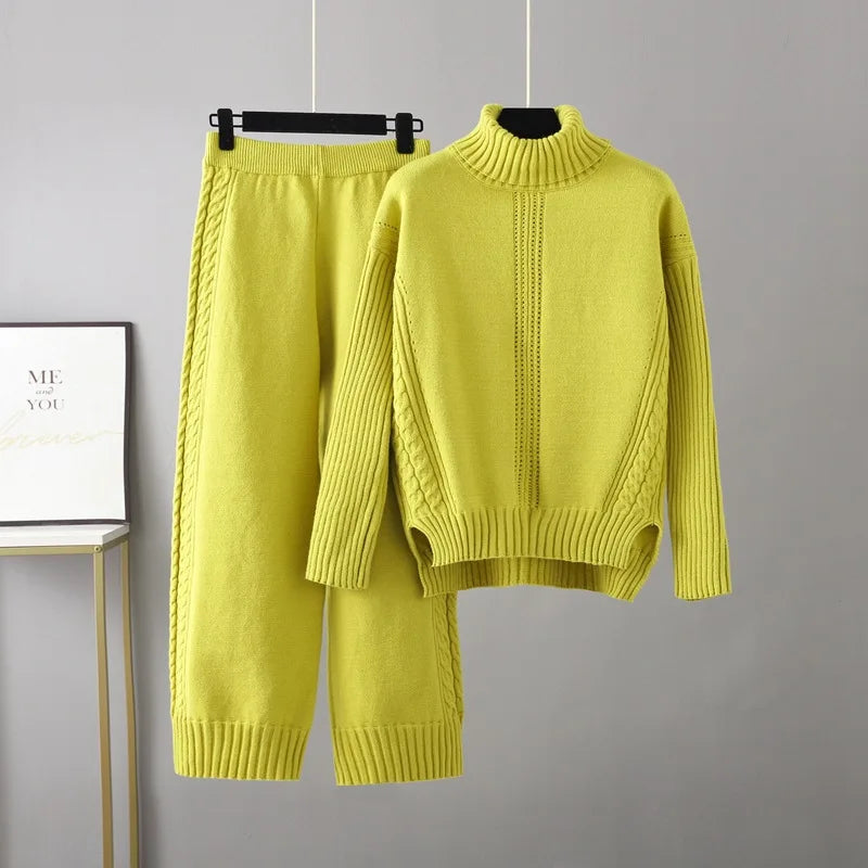 Maxy HLBCBG Cashmere Women Tracksuits Knitted Thick Women Turtleneck Sweater 2/Two Piece Sets Drawstring Harem Pants Suits Outfits
