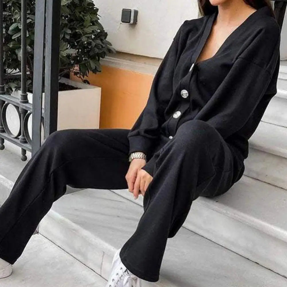 Maxy Elastic Waist Tracksuit Women Casual Two-piece Set Women's V Neck Knitted Shirt Wide Leg Trousers Set Long Sleeves for Casual