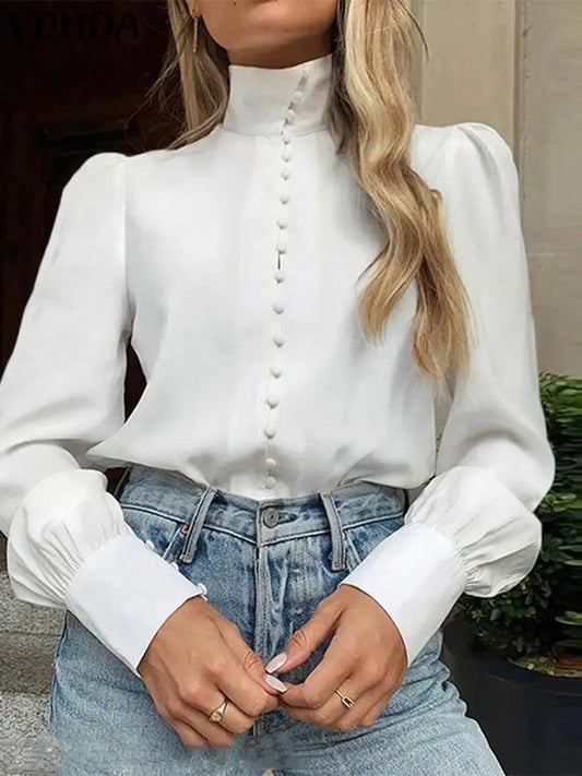 VONDA Women Fashion Blouse Summer Long Sleeve Elegant Shirts 2024 Stand Collar Buttons Solid Color Blusas Casual Loose Tunic Top