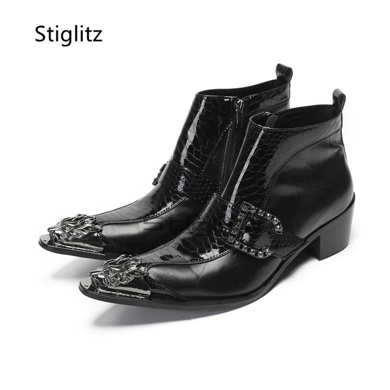 Visco Rhinestone Buckle High Heels Men's Boots Black Genuine Leather Metal Pointed Toe Side Zipper Business Ankle Boots Male Shoes