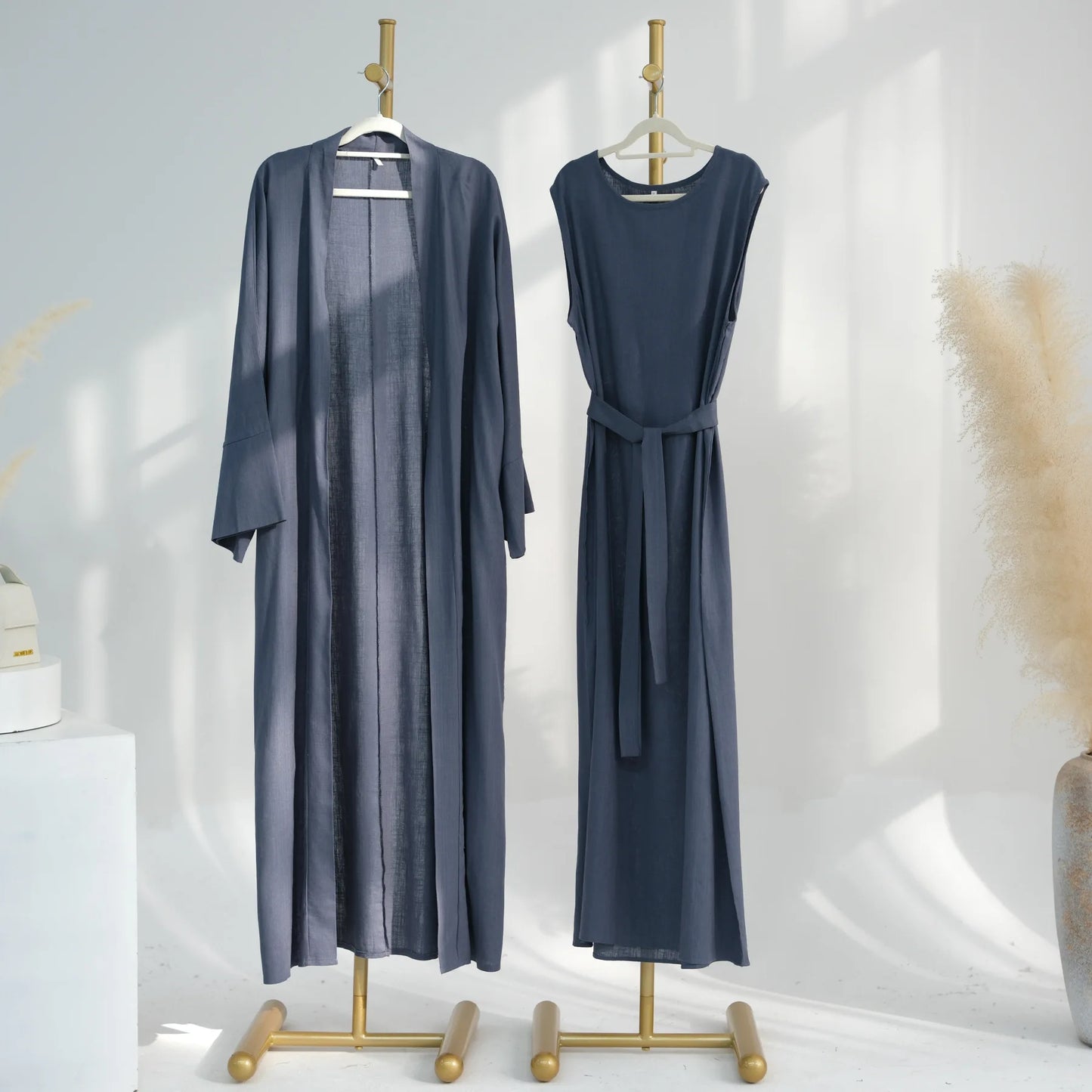 Maxy 2pcs Open Abaya Muslim Women Kimono Inner Dress Set Turkey Islamic Arab Robe Dubai Caftan Jalabiya Eid Ramadan Outfits Gown