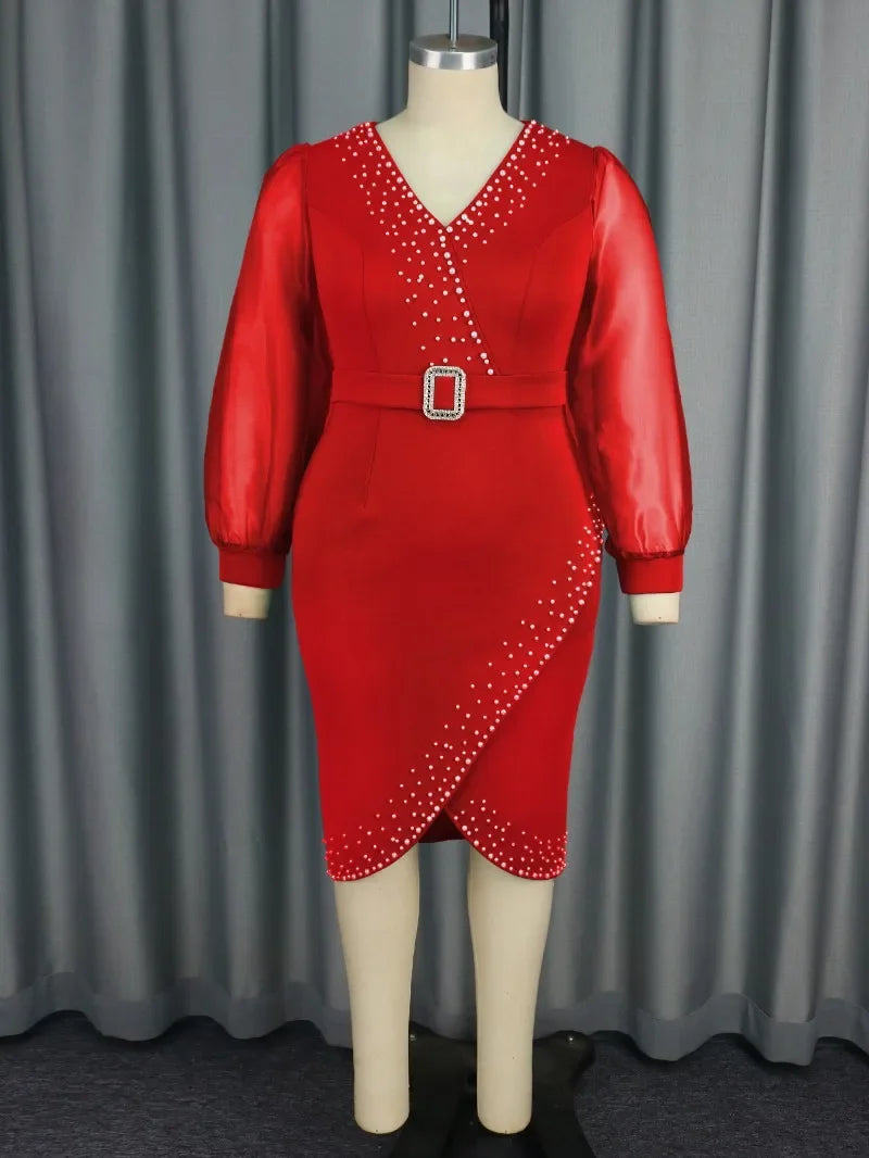Amay Women Luxury Beaded Evening Party Dress V-Neck Mesh Bubble Sleeves Slim Fit Pencil Midi Dresses Birthday Event Plus Size