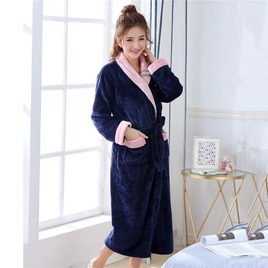 Winter New Female Robe Sleepwear Thickened Coral Fleece Bathrobe Nightgown Warm Loose Flannel Home Dressing Gown Lounge Wear