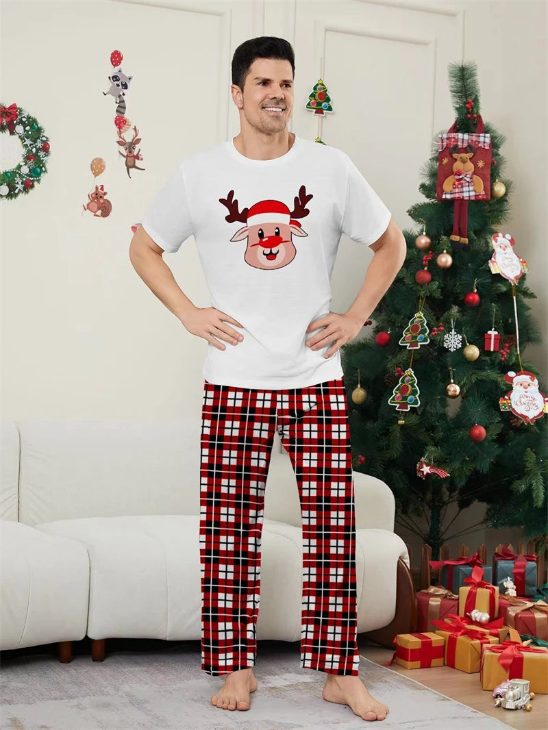 Short Sleeve Christmas Family Matching Outfits Elk Father Mother Kids Pajamas Sets Plaid Daddy Mommy and Me Xmas Clothes 2024