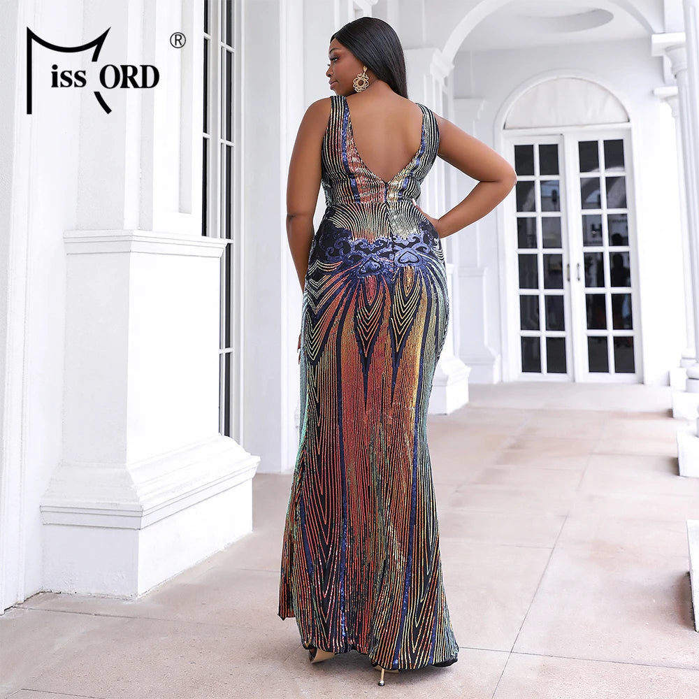 Maxy Multicolor Sequin Plus Size Wedding Party Dress Women Elegant O-neck Sleeveless Bodycon Prom Dresses Long Evening Gown