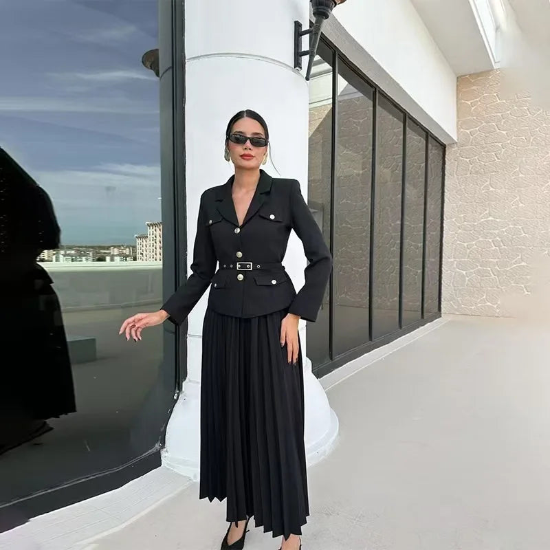 Amay Elegant Women Two Pieces Set Single-breasted Lapel Jacket Coat Belt Pleated Midi Skirt Suit office Lady New In Matching Set