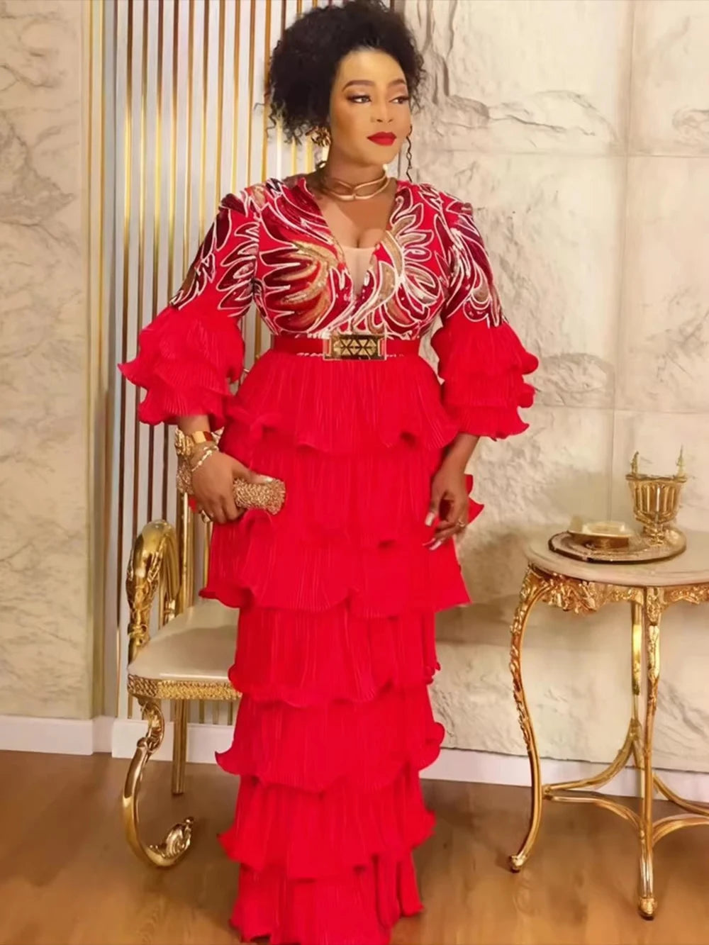 Amay Dresses For Women Luxury Dashiki Sequin Maxy Robes Plus Size Ruffle Long Dress Wedding Party Birthday Evening Clothing