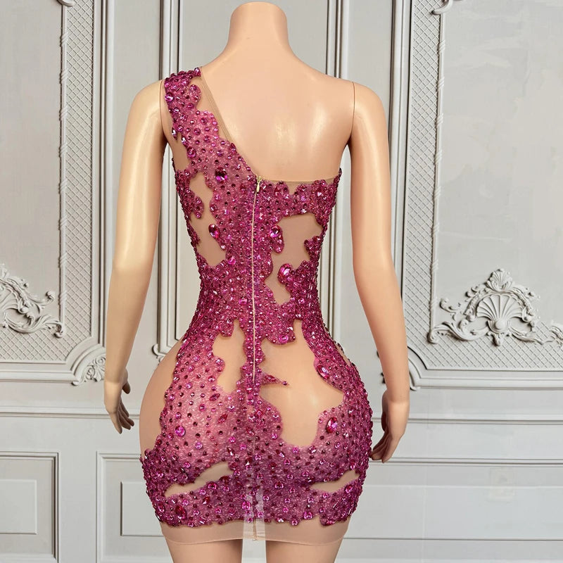 Maxy Pink Rhinestones Party Dress Women Celebrate Performance Outfit Nightclub Bar Festival Dresses Evening Gown Stage Wear