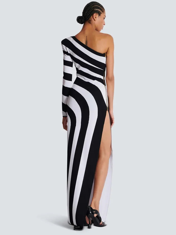 Women Autumn Evening Maxy Dress Elegant One Shoulder Long Sleeve Black White Stripe Ankle Length Elastic Celebrity Club Party Gowns