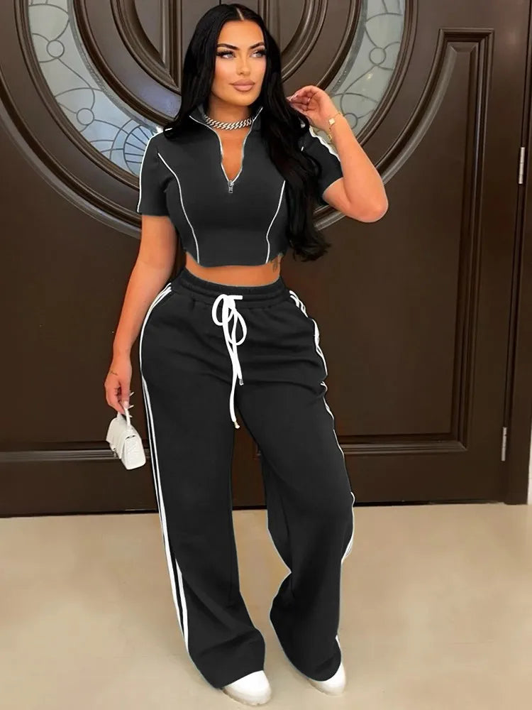 Maxy Fashion Casual Short Hoodie 2 Piece Women Summer Zipper Top Short Sleeved Sports T Shirt Stripe Splicing Long Pants Female Suit