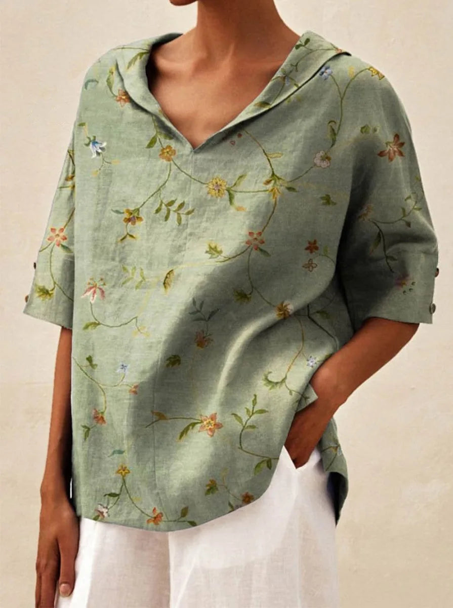 Maxy Women's Loose V-Neck Cotton Linen Shirt, Casual Elegant Summer Blouse Office Wear