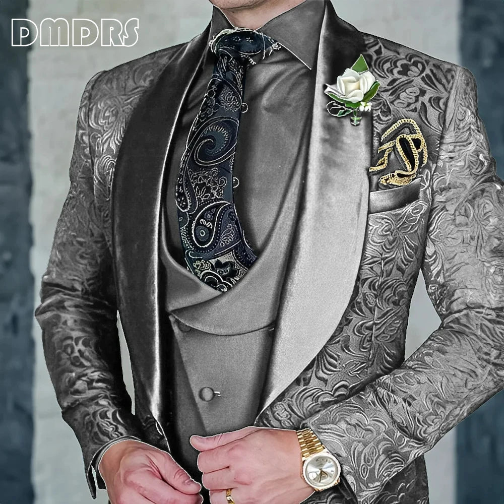 Amay Fashionable Paisley Men's 3-piece Suit Set, Jacquard One Button Blazer, Vest Pants Formal Wedding Party Suits for Men