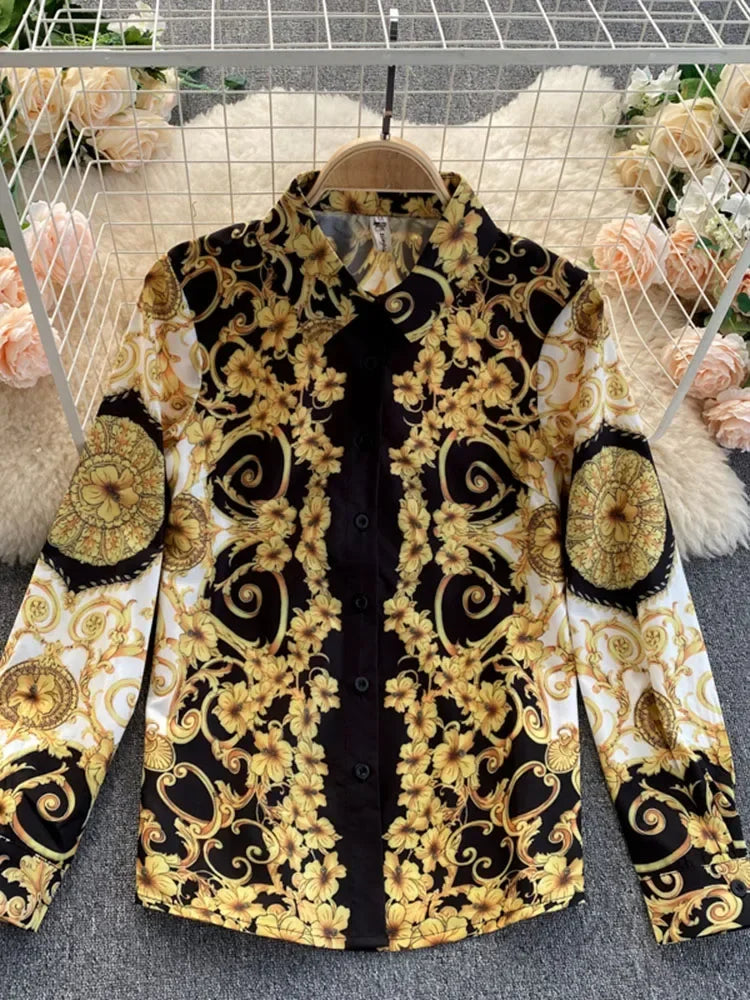 Maxy Spring Autumn Women's Blouse Tops New Bohemian Retro Turn-down collar Office Lady Trend Printing European American Shirt UK766