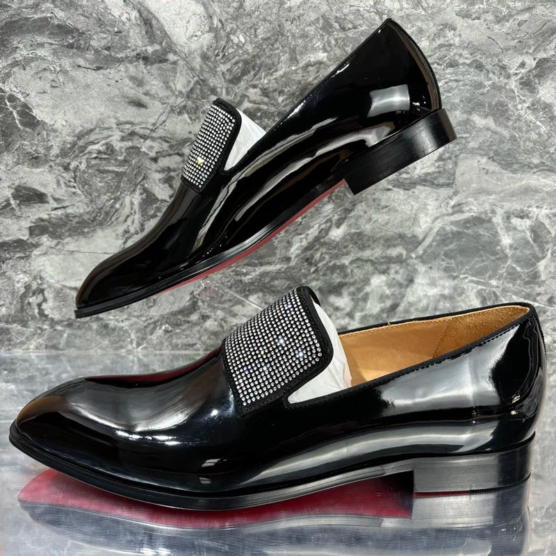 Visco New Stylish Men's Black Patent Leather Shoes Luxury Rhinestone Loafers Shoes For Men Handmade Slip On Dress Shoes Wedding Shoes