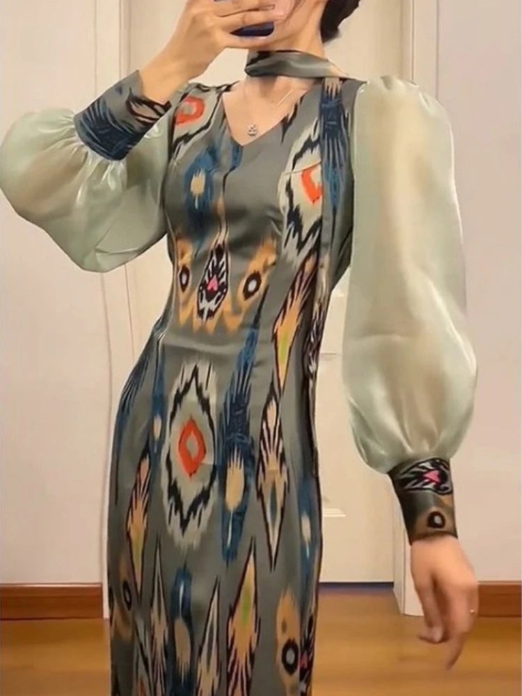 Maxy Dresses for Women Temperament Print Robe Femme V-neck Puff Sleeve Tunic Vintage Summer Dress