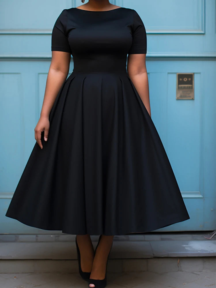 Maxy Women Plus Size Black Dress Short Sleeve Summer Casual Pleated A-Line Basic Long Dress Round Neck Fashion Evening Party Dresses