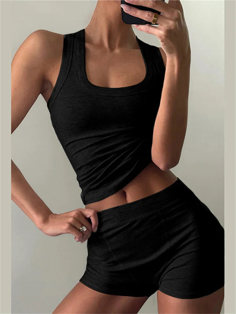 Maxy Nibbler Ribbed Casual 2 Piece Set Women Tracksuit Sporty Square Collar Tank Tops+Shorts Suit Streetwear Simple Matching Outfits