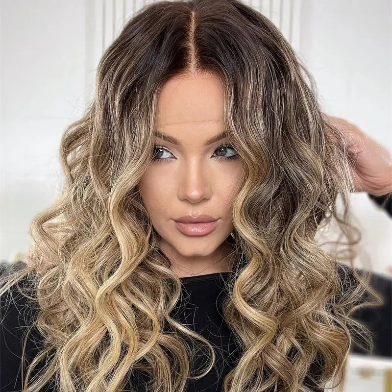 Maxy Synthetic HD Lace Front Wigs Glueless Curly Ombre Blonde Brown Colored Highlights Lace Front Wigs For Women Preplucked Hairline
