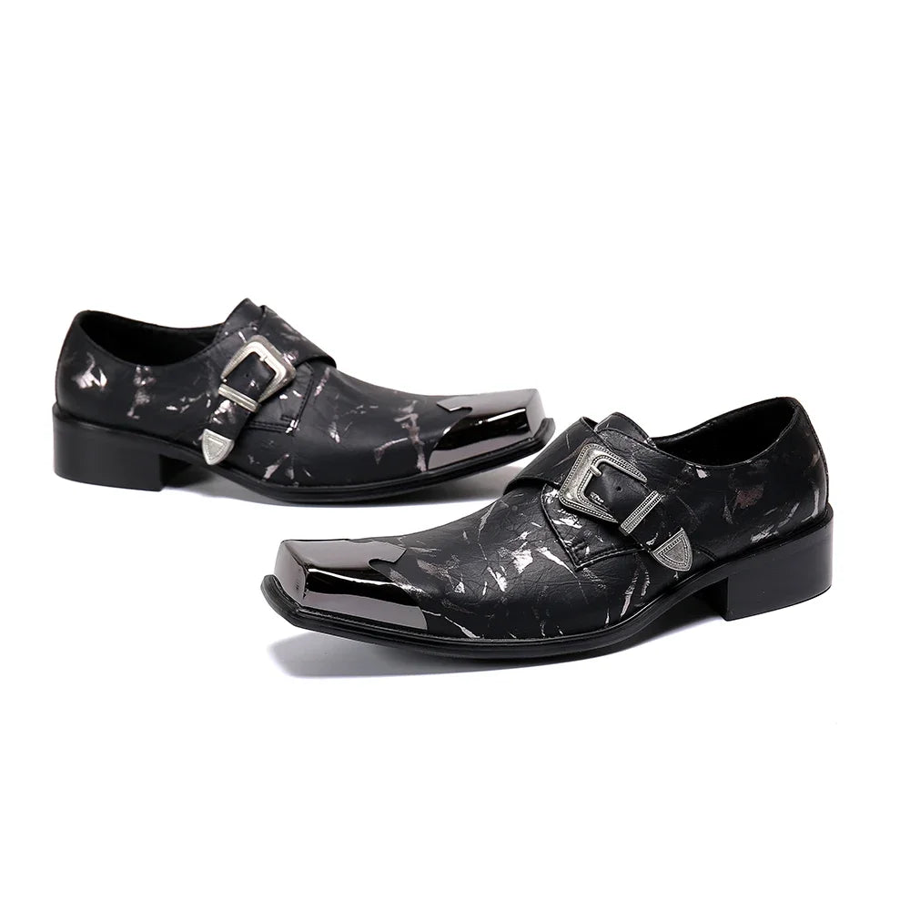 Amay Social Square Toe Monk Strap Dress Shoes Leisure Print Solid Color Formal Shoes Italian Man Genuine Leather Prom Shoes