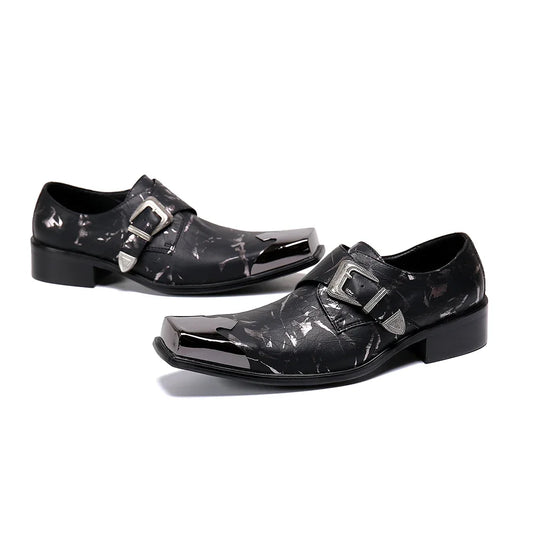 Amay Social Square Toe Monk Strap Dress Shoes Leisure Print Solid Color Formal Shoes Italian Man Genuine Leather Prom Shoes