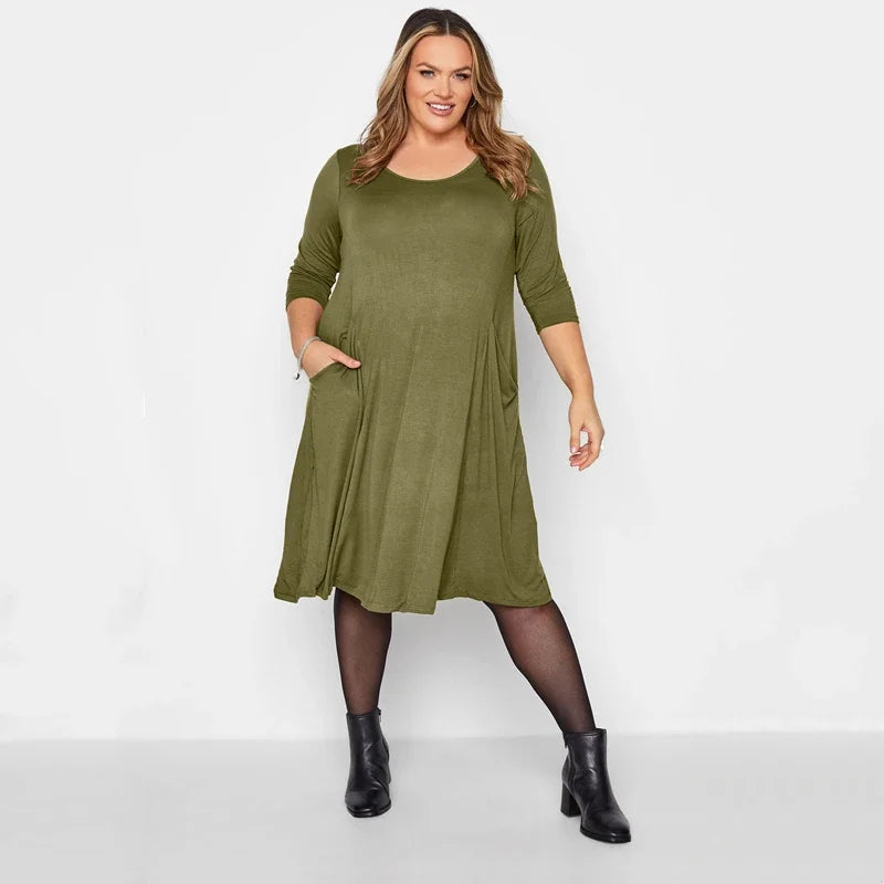 Amay Plus Size Half Sleeve Casual Summer Tunic Dress Pockets Front Loose Straight Midi Dress Large Size Flare Basic T-shirt Dress 7XL